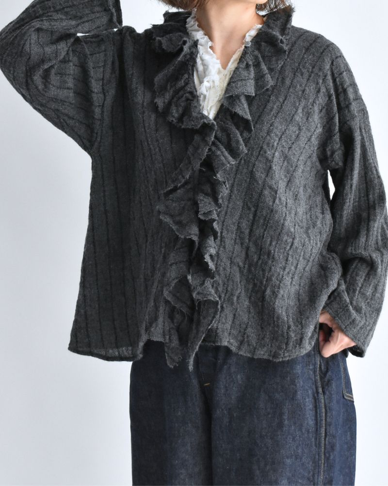 Wool Stripe Frill Trim Blouse in Gray