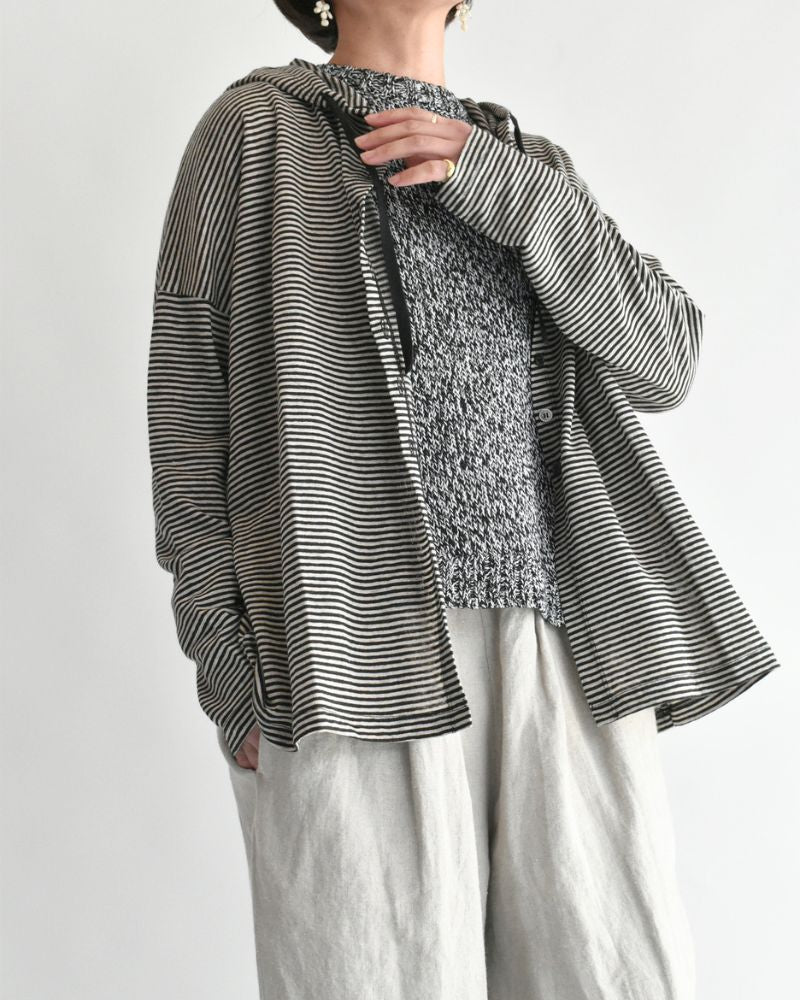Linen Hooded Cardigan in Natural/Black