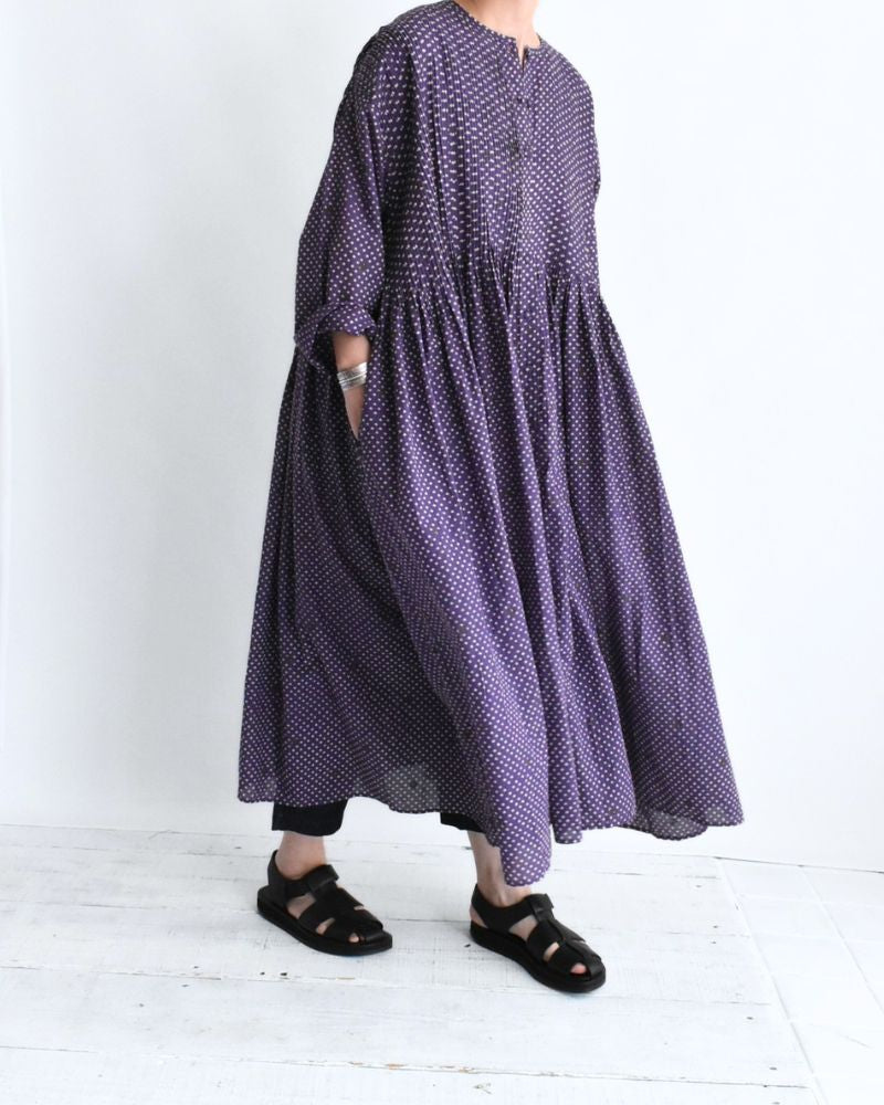 Crew Neck Button Shirts Dress with Mini Pintuck in Purple