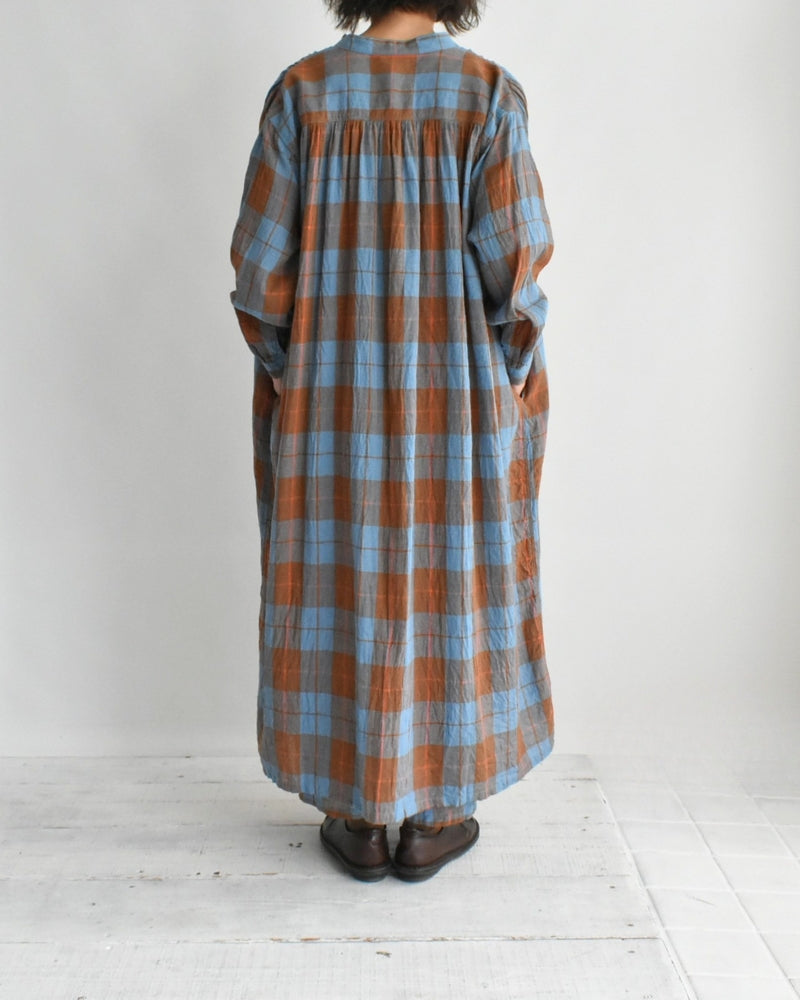 Linen Cotton Check Dress in Blue