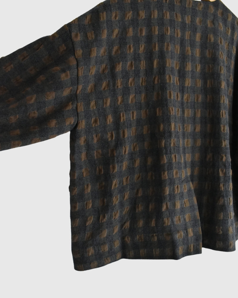 Cotton Wool Gingham Check Jacket in Khaki/Charcoal