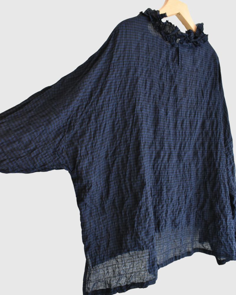 Check Neck Frill Box Pullover in NavyCheck
