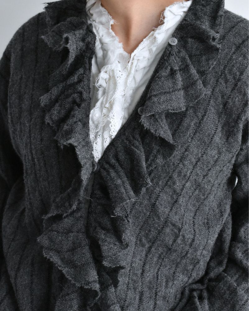 Wool Stripe Frill Trim Blouse in Gray