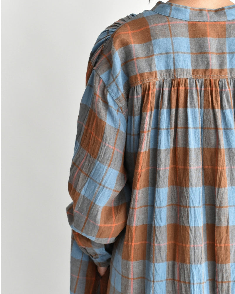 Linen Cotton Check Dress in Blue