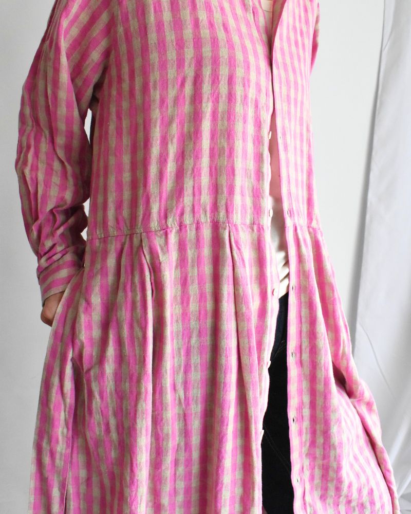 Linen Cotton Gingham Dress in Pink/Natural