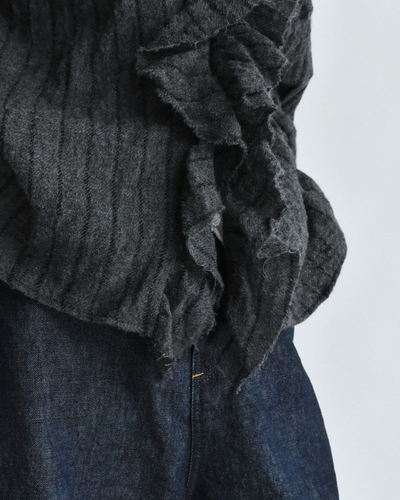Wool Stripe Frill Trim Blouse in Gray