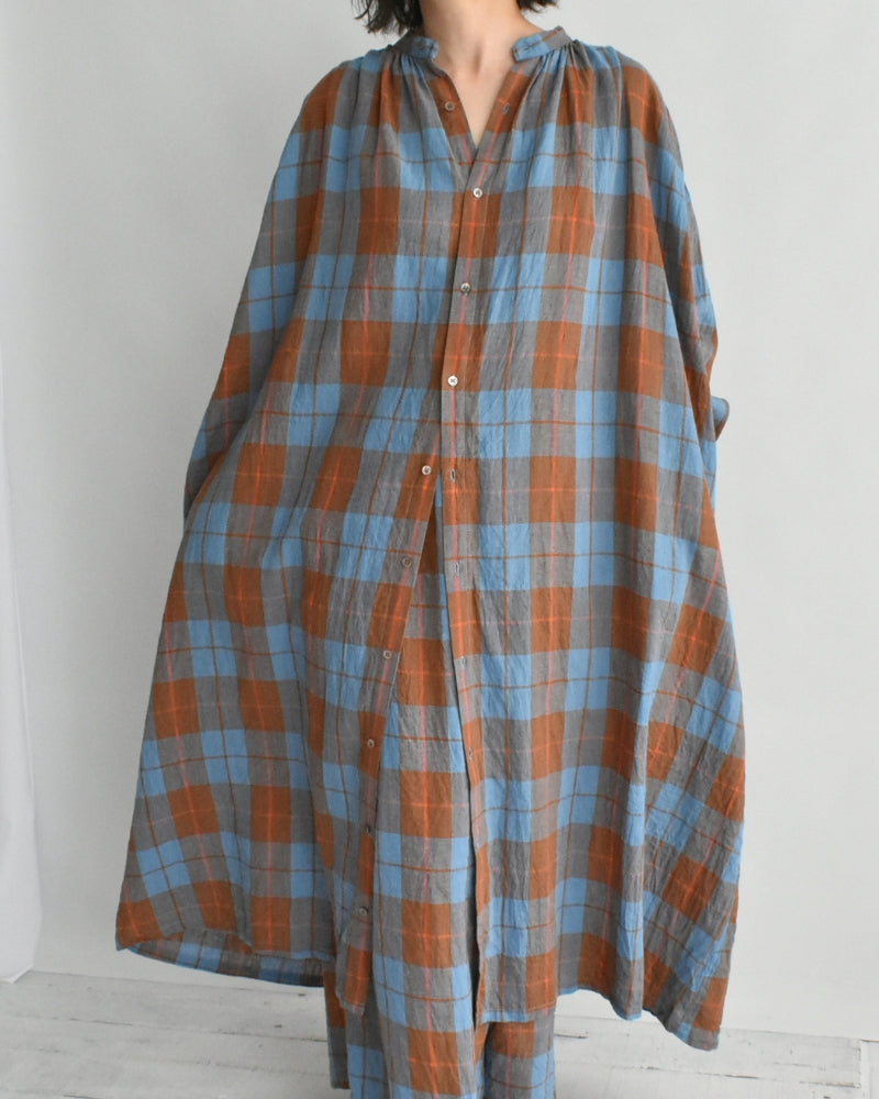Linen Cotton Check Dress in Blue