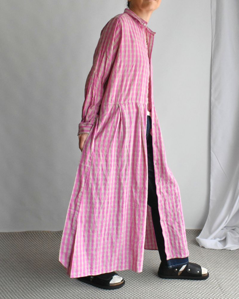 Linen Cotton Gingham Dress in Pink/Natural