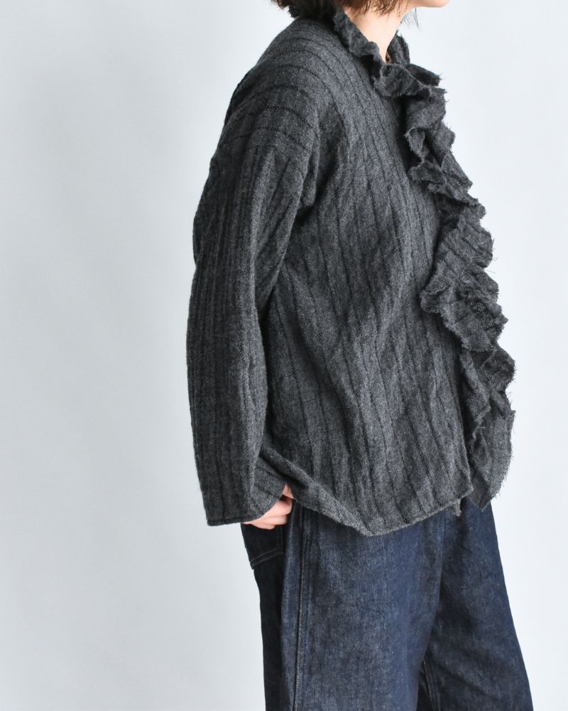 Wool Stripe Frill Trim Blouse in Gray