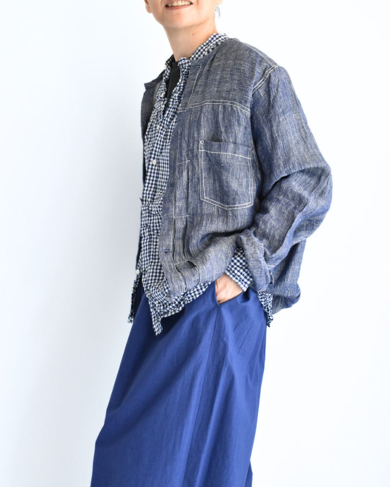 BANDED COLLAR L/SL OVERSIZED SHIRTS in BlueGingham