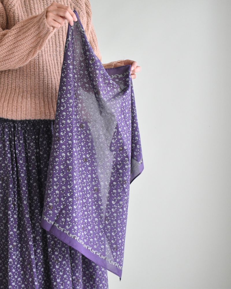 80s ORGANIC VOILE GENTIANA BLOCK PRINT SCARF in Purple