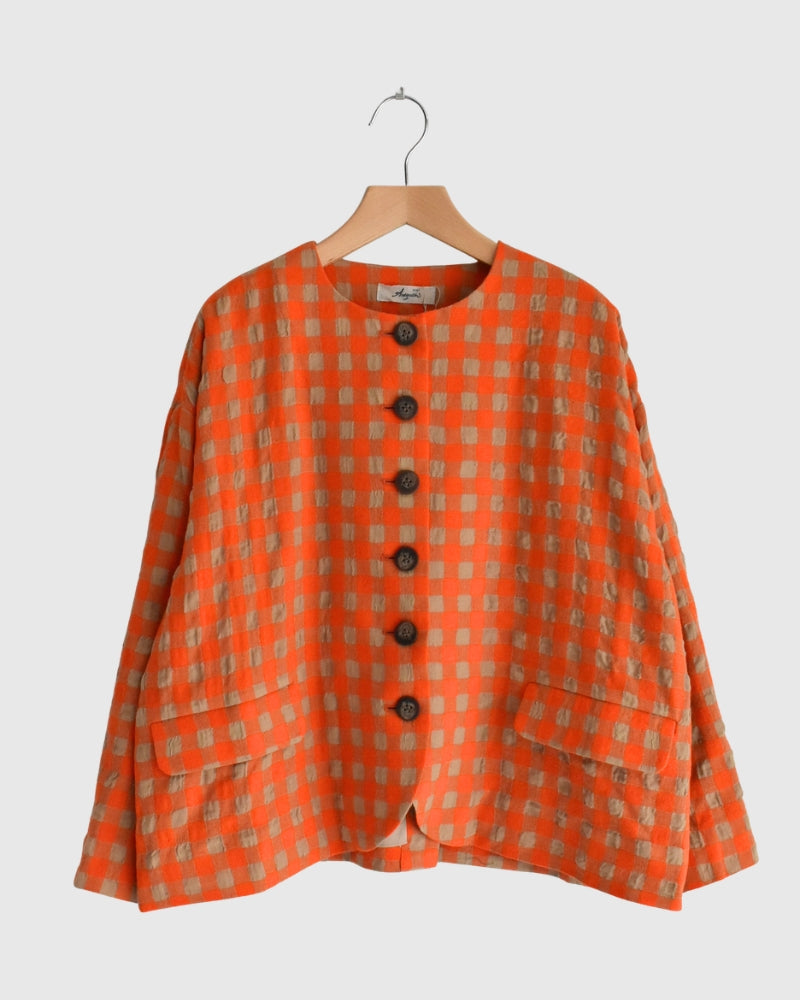 Cotton Wool Gingham Check Jacket in Beige/Orange