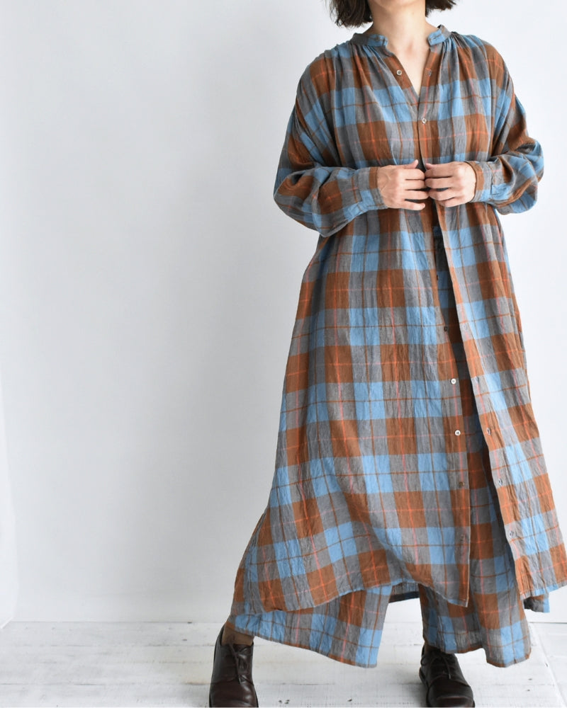 Linen Cotton Check Dress in Blue