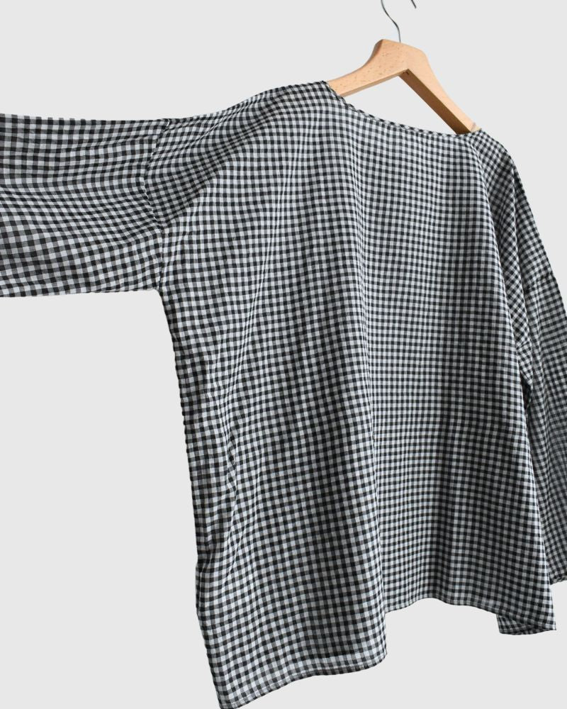 HANDWOVEN COTTON/SILK GINGHAM CHECK DROP SHOULDER SMOCK in Black