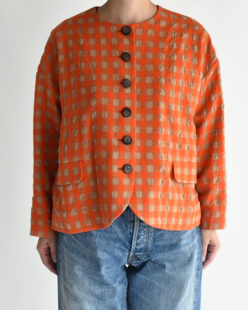 Cotton Wool Gingham Check Jacket in Beige/Orange