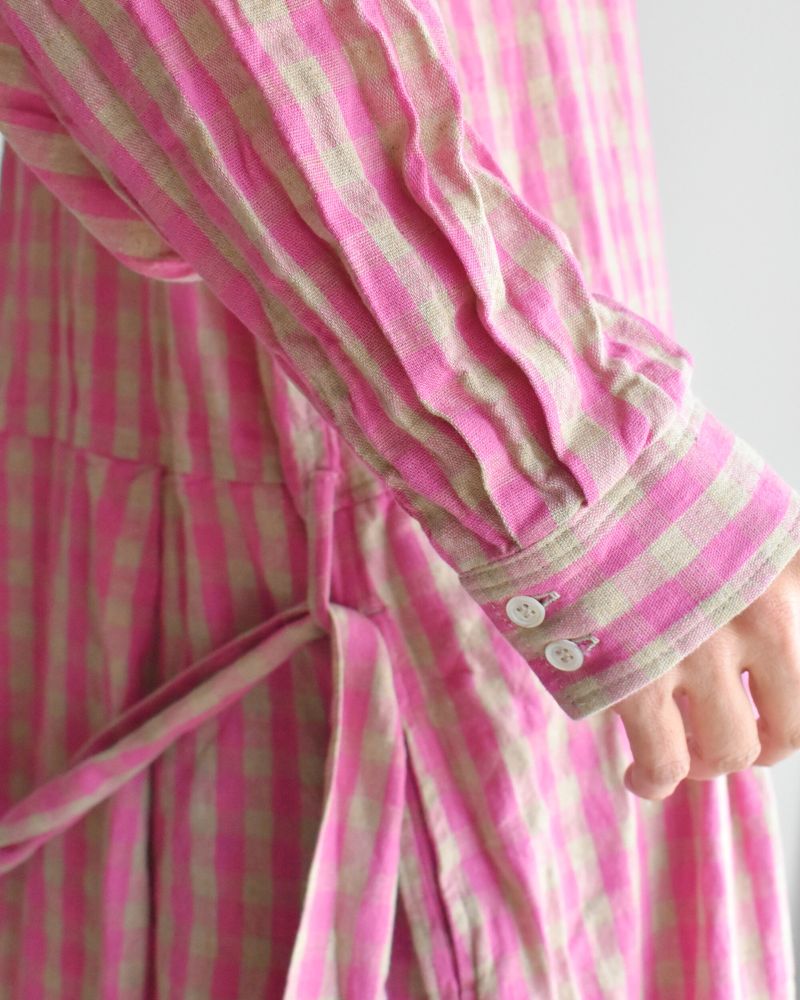 Linen Cotton Gingham Dress in Pink/Natural