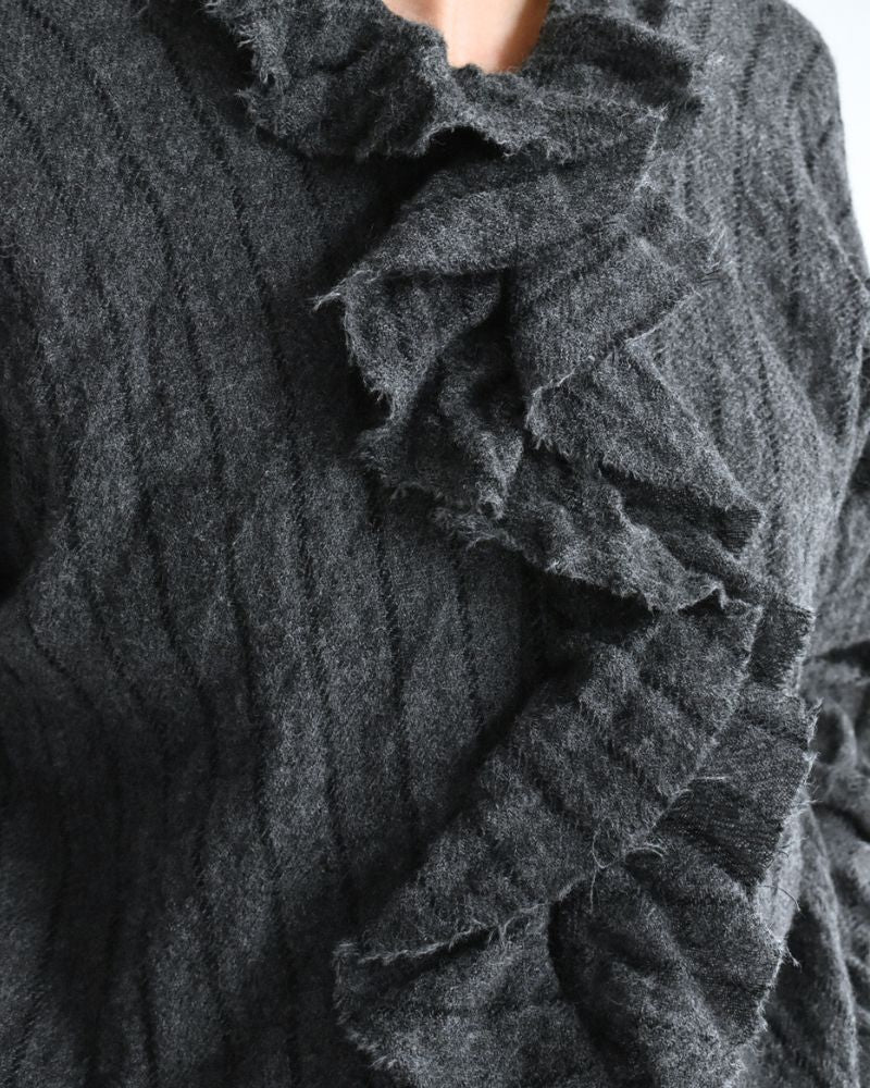 Wool Stripe Frill Trim Blouse in Gray