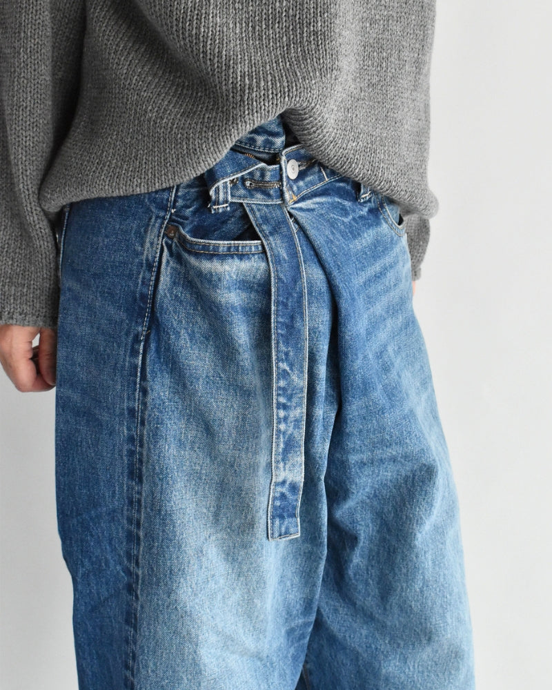 Selvedge Denim Asymmetric Tuck Pants in VintageBlue