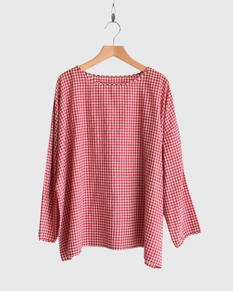 HANDWOVEN COTTON/SILK GINGHAM CHECK DROP SHOULDER SMOCK in Red