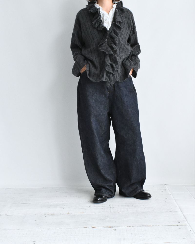 Wool Stripe Frill Trim Blouse in Gray
