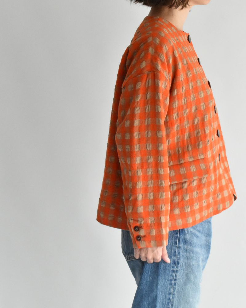 Cotton Wool Gingham Check Jacket in Beige/Orange
