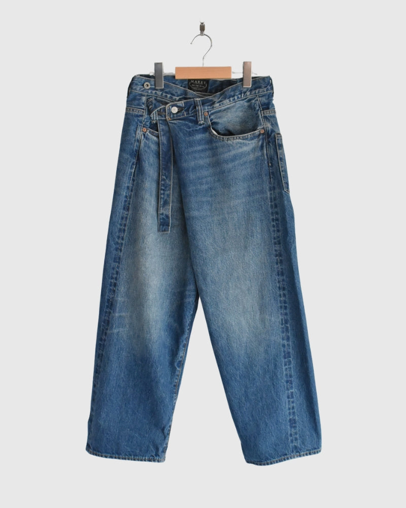 Selvedge Denim Asymmetric Tuck Pants in VintageBlue