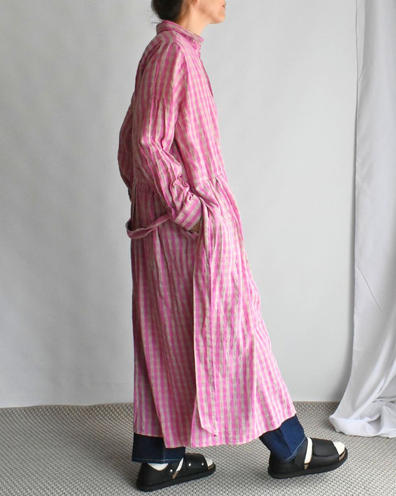 Linen Cotton Gingham Dress in Pink/Natural