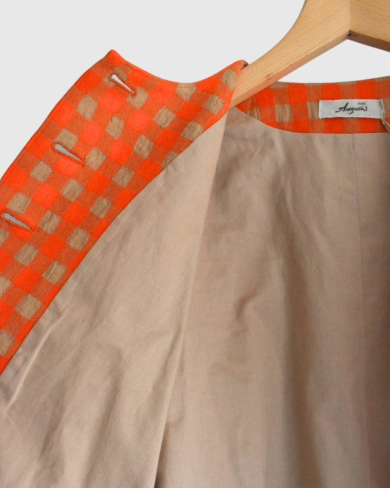 Cotton Wool Gingham Check Jacket in Beige/Orange