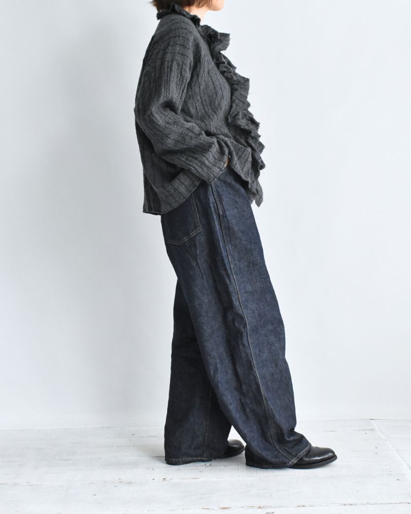 Wool Stripe Frill Trim Blouse in Gray