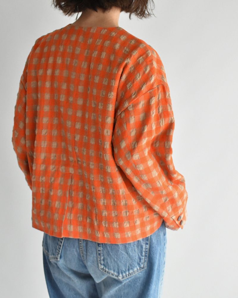 Cotton Wool Gingham Check Jacket in Beige/Orange