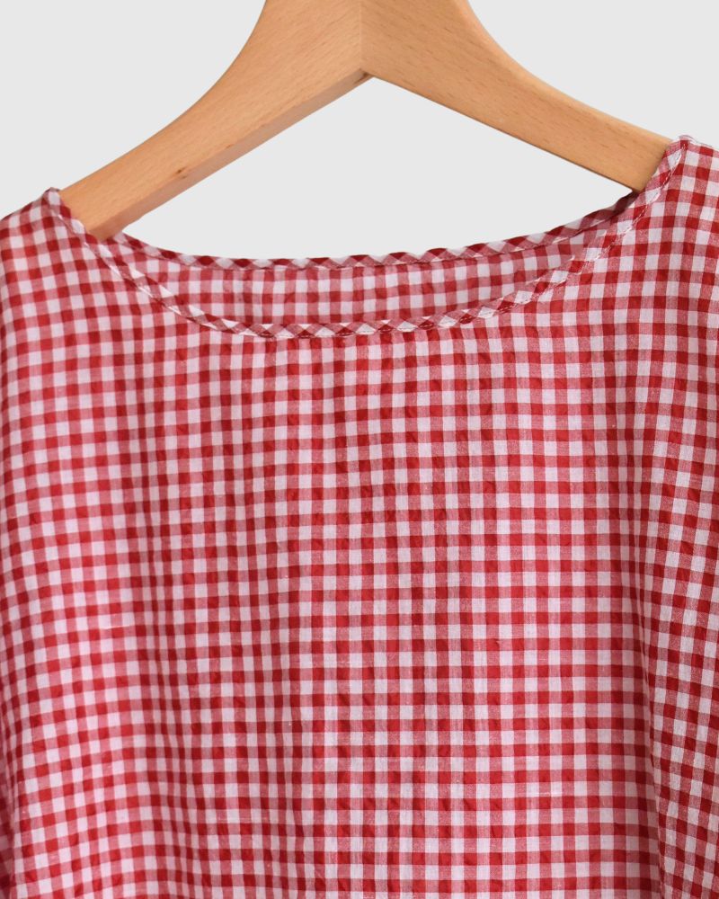 HANDWOVEN COTTON/SILK GINGHAM CHECK DROP SHOULDER SMOCK in Red