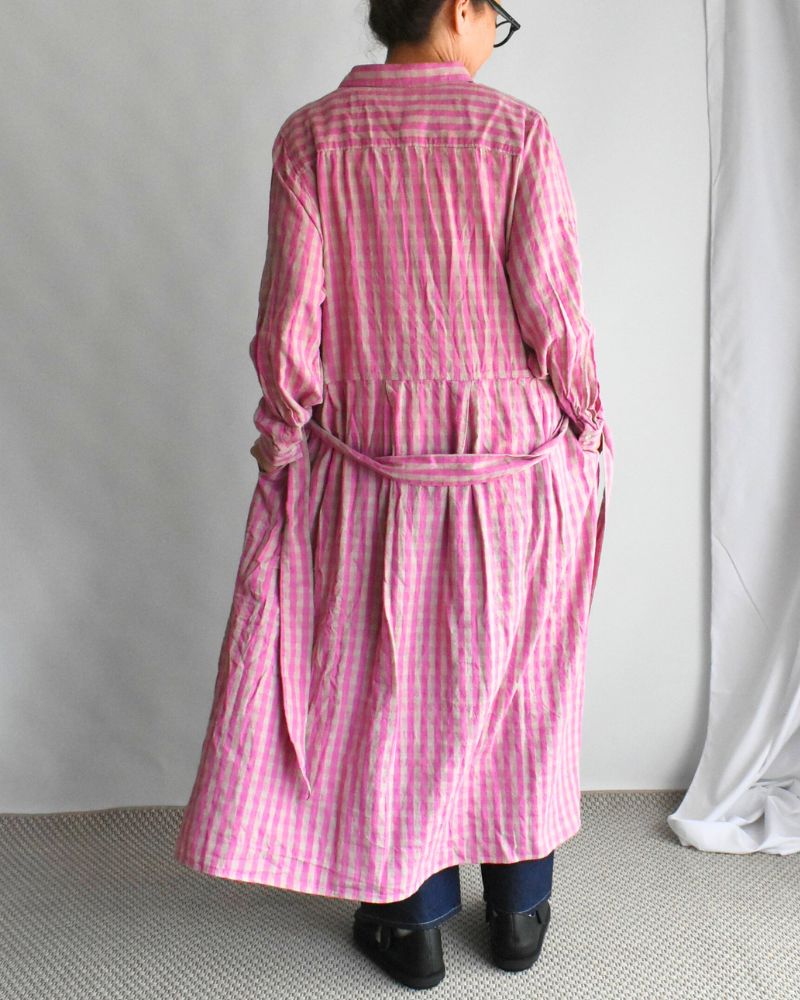 Linen Cotton Gingham Dress in Pink/Natural