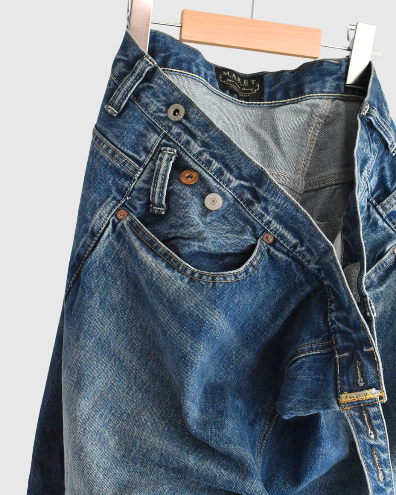 Selvedge Denim Asymmetric Tuck Pants in VintageBlue