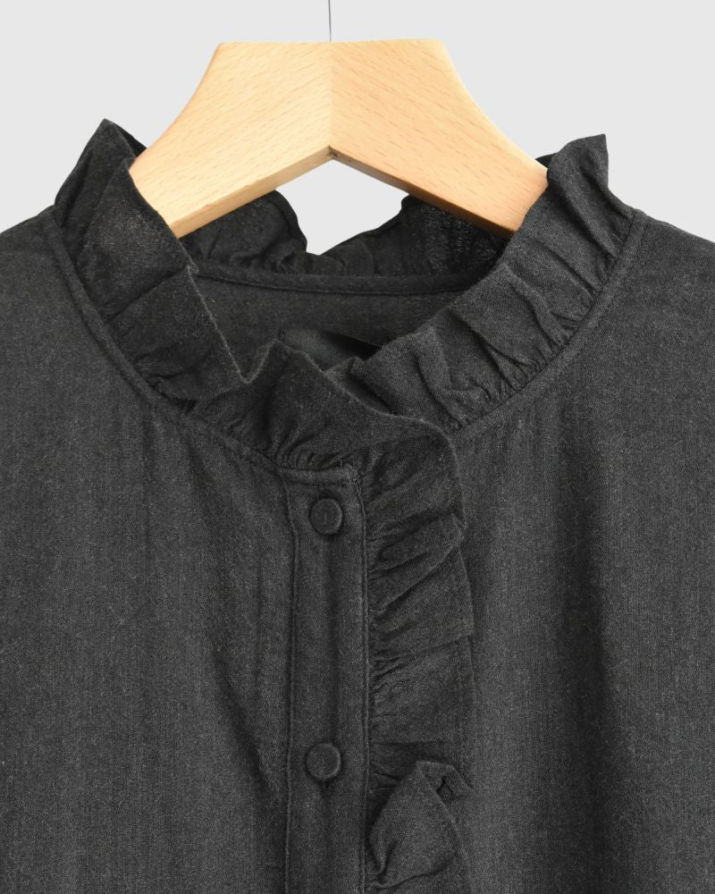 FRILL COLLAR SHIRT DRESS WITH RAJASTHAN GATHER in Black