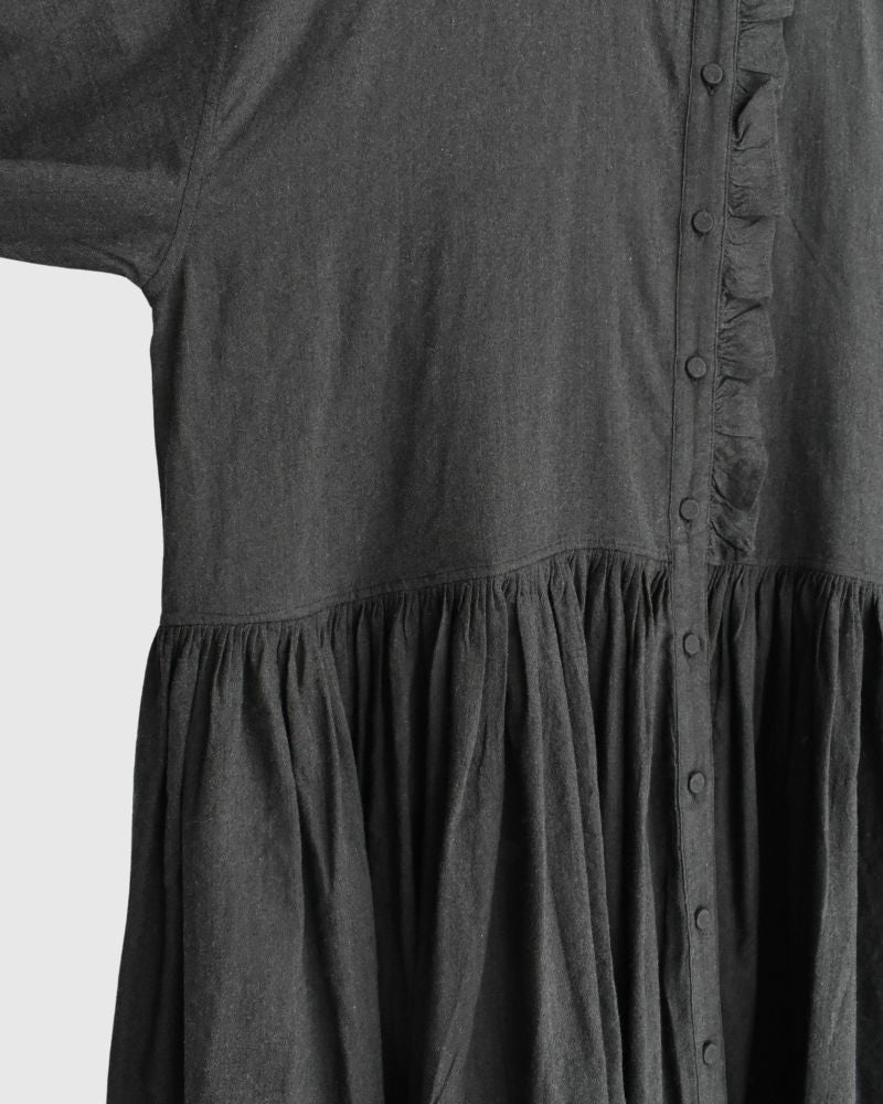 FRILL COLLAR SHIRT DRESS WITH RAJASTHAN GATHER in Black