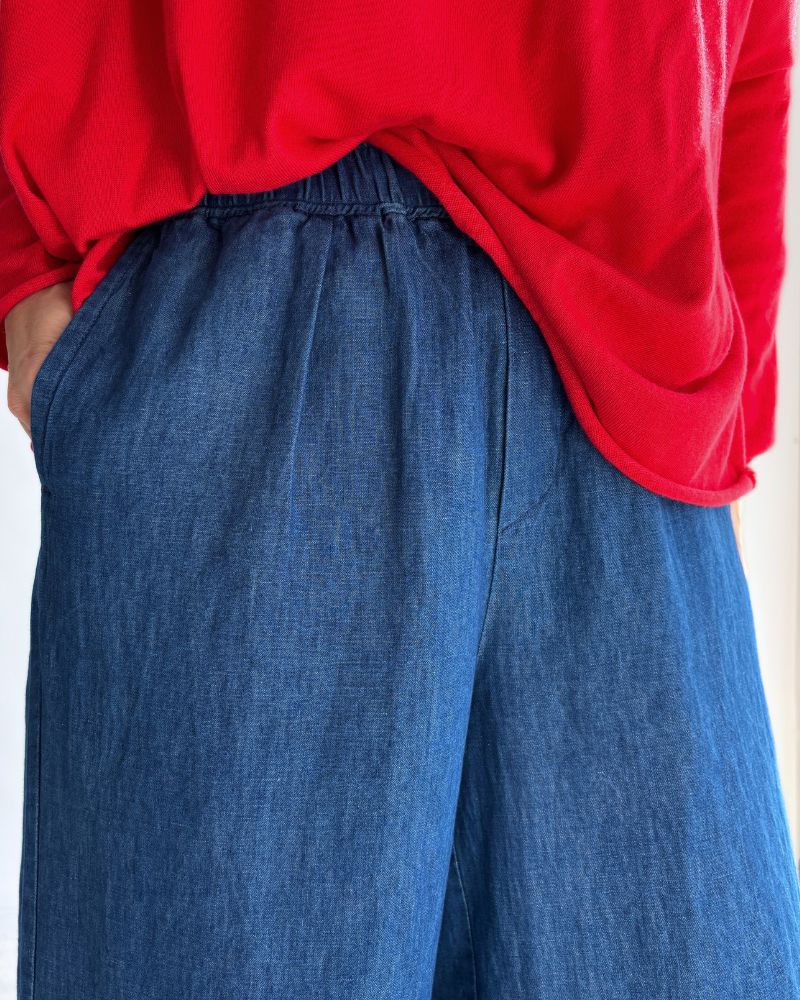 COTTON/LINEN DENIM EASY WIDE PANTS Blue