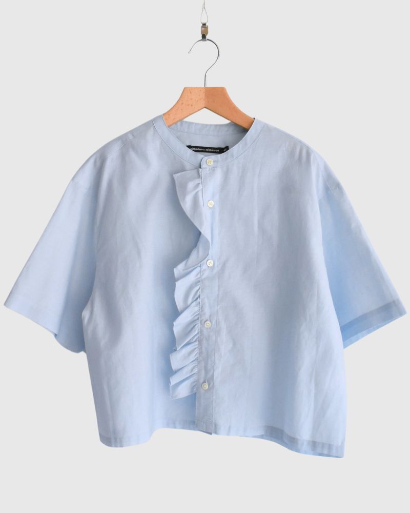 EMMA-SILK Short length frill blouse in Sax