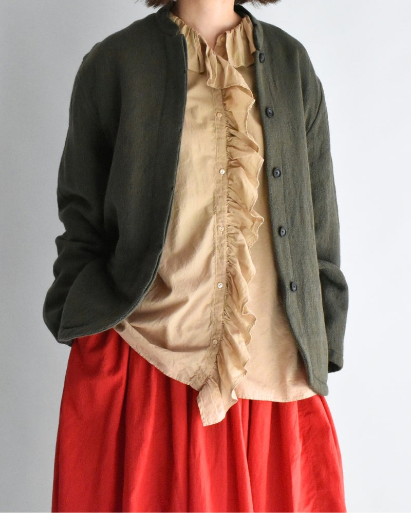 Stand Collar Fly Front Jacket in Olive
