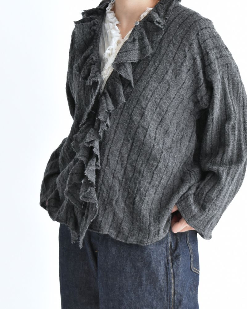 Wool Stripe Frill Trim Blouse in Gray