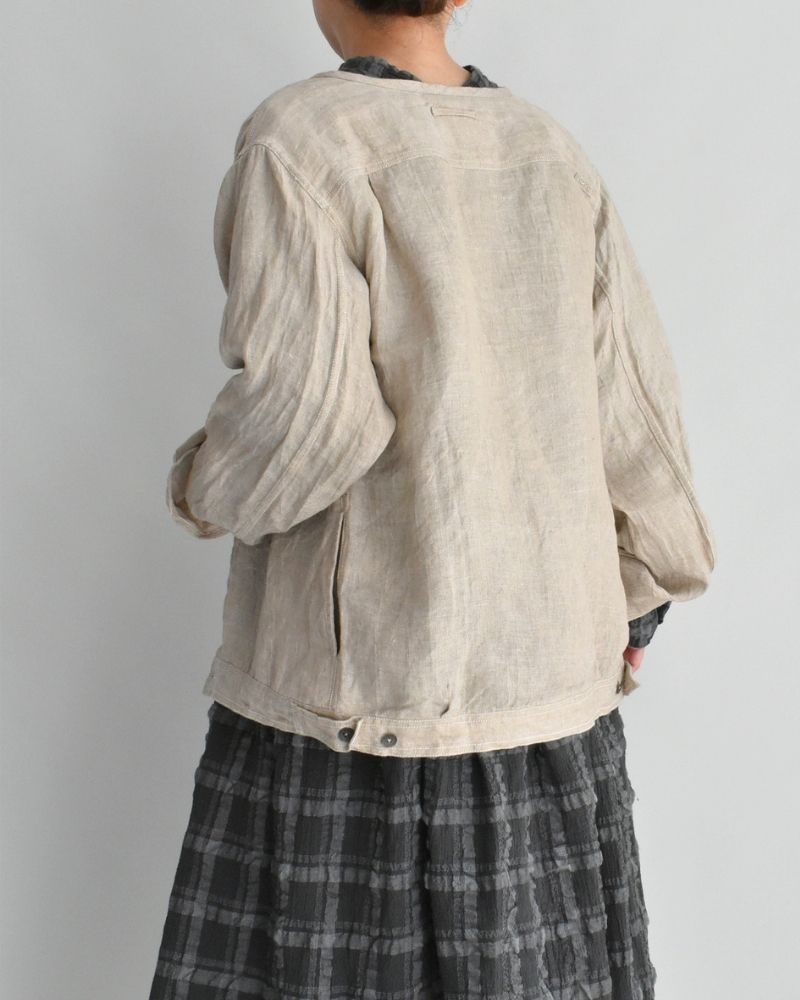 Handwoven Hemp Denim Collarless Jacket in Flax