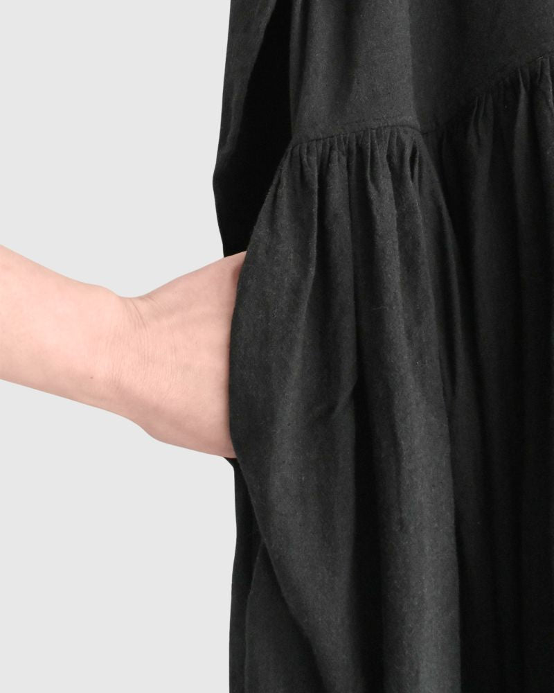 FRILL COLLAR SHIRT DRESS WITH RAJASTHAN GATHER in Black