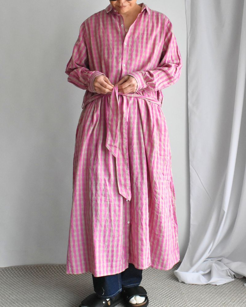 Linen Cotton Gingham Dress in Pink/Natural