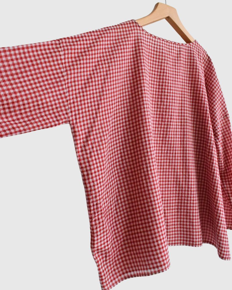 HANDWOVEN COTTON/SILK GINGHAM CHECK DROP SHOULDER SMOCK in Red