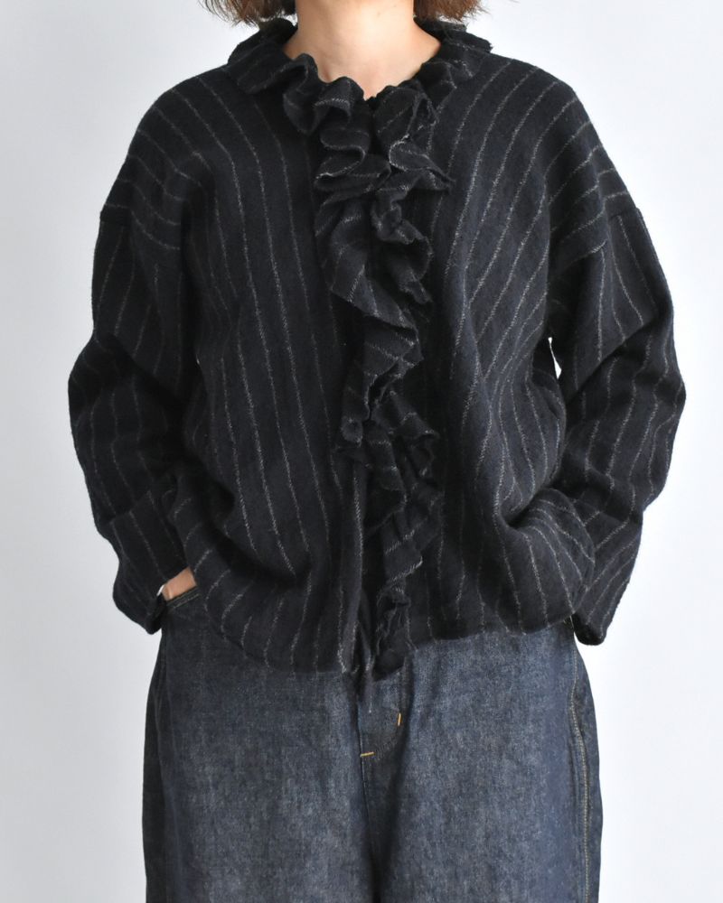 Wool Stripe Frill Trim Blouse in Navy