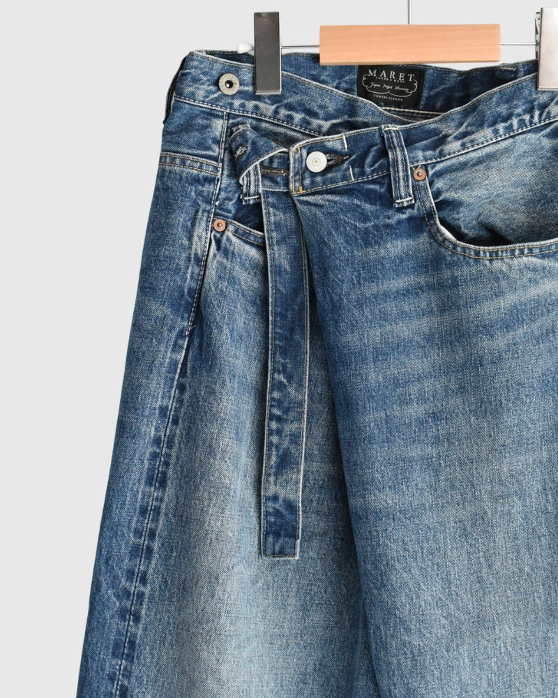 Selvedge Denim Asymmetric Tuck Pants in VintageBlue