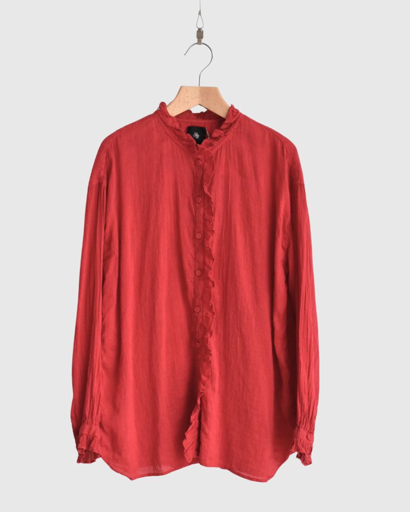 AUTO LOOM COTTON/LINEN PLAIN OVERDYE FRILL COLLAR SHIRT in Red