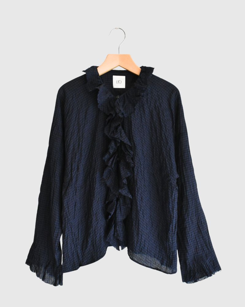 Check Frill Trim Blouse in NavyCheck