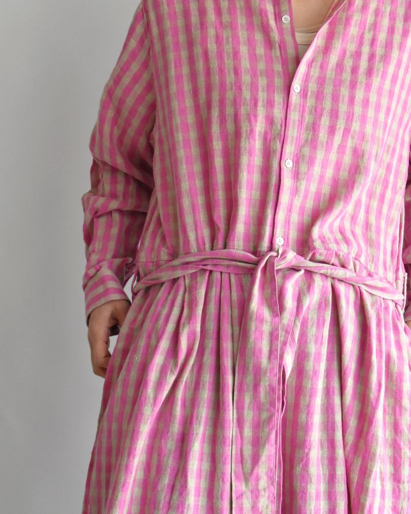 Linen Cotton Gingham Dress in Pink/Natural