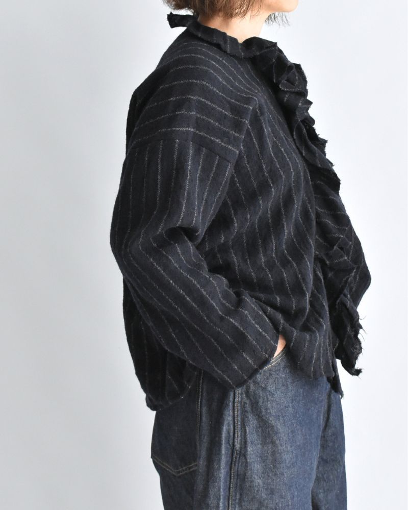 Wool Stripe Frill Trim Blouse in Navy