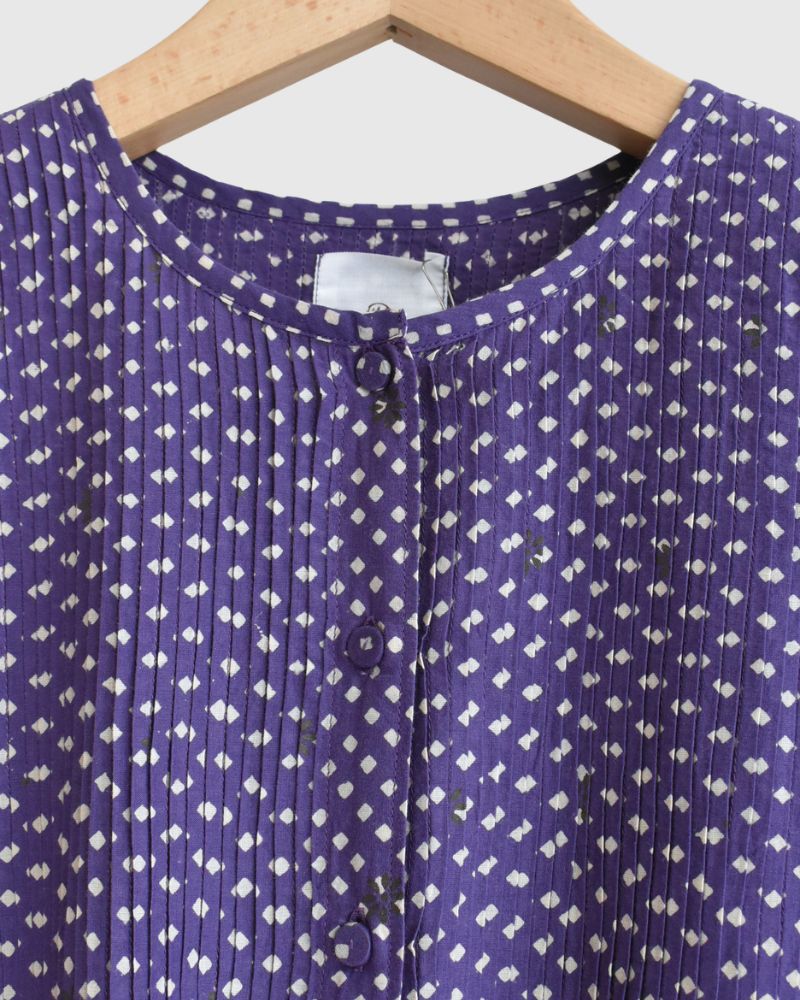 Crew Neck Button Shirts Dress with Mini Pintuck in Purple